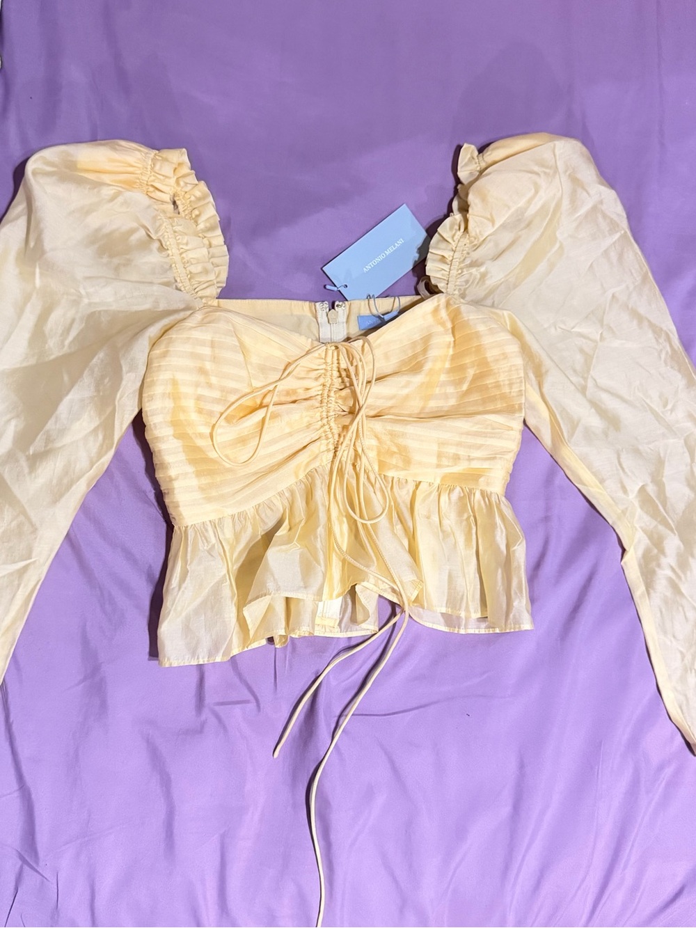 ANTONIO MELANI Light Yellow Puff-Sleeve Ruched Peplum Crop Top